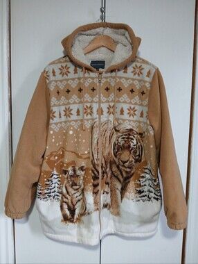 ​Vintage 90s Classic Editions Tiger Sherpa Lined Fleece Jacket Hooded Camel Lg